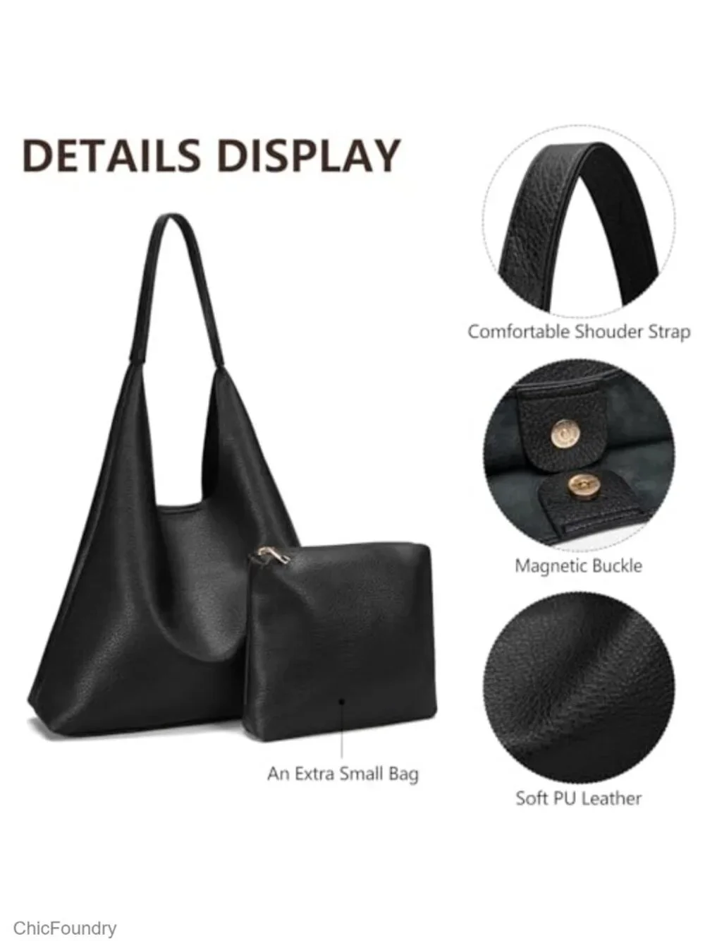 Women's Slouchy Hobo Bag Faux Leather Shoulder Tote with Cosmetic Bag